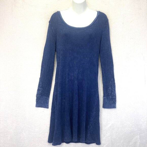 ABLE Waffle Knit Long Sleeve Dress Sz Medium Distressed Boho Anthropologie Blue - Picture 1 of 14